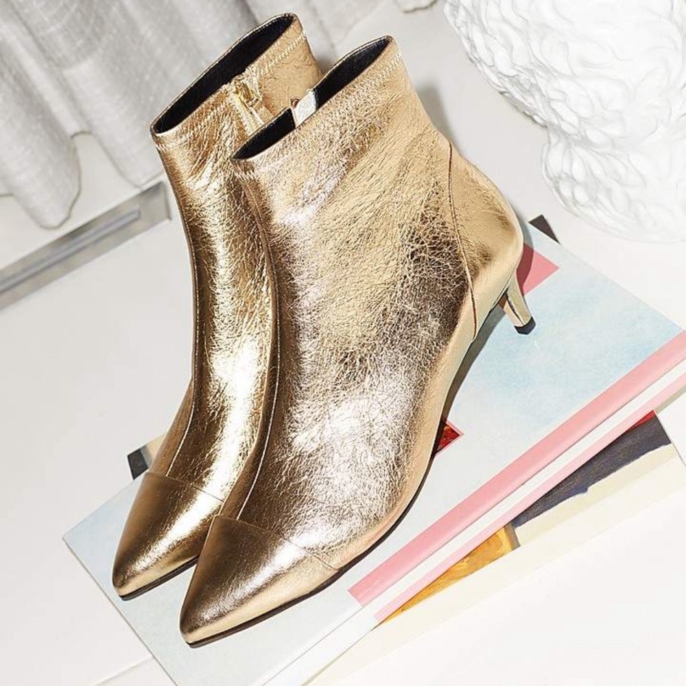 Rebecca Minkoff Siya Leather Pointed Toe Gold Booties in Size 7